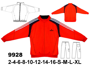9928  Buzo con Franjas en Mangas , Tallas: 6 al 16 - S-M-L-XL ,Tela : Franela Polyester , Consumo: (Talla 10)  Rojo 1.10  metros , negro  0.30 metros ,Rib rojo 0.40 mts. Pantalon  0.95 mts aprox. 