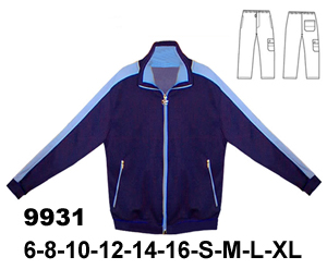 9931  Buzo con Franjas en Mangas , Tallas: 6 al 16 - S-M-L-XL ,Tela : Franela Polyester , Consumo: (Talla 10)  Azul 0.90 metros , Celeste 0.30 metros ,Rib Azul 0.40 mts. Pantalon  1.50 mts aprox. 